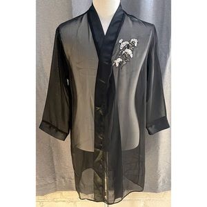 Nina Ricci Black Sheer Floral Robe with Satin accents at the collar/lapel/cuffs
